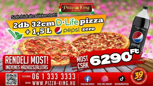 Pizza King 21 - 2 db 32cm D-life pizza 1,5l pepsivel - Szuper ajánlat - Online rendelés